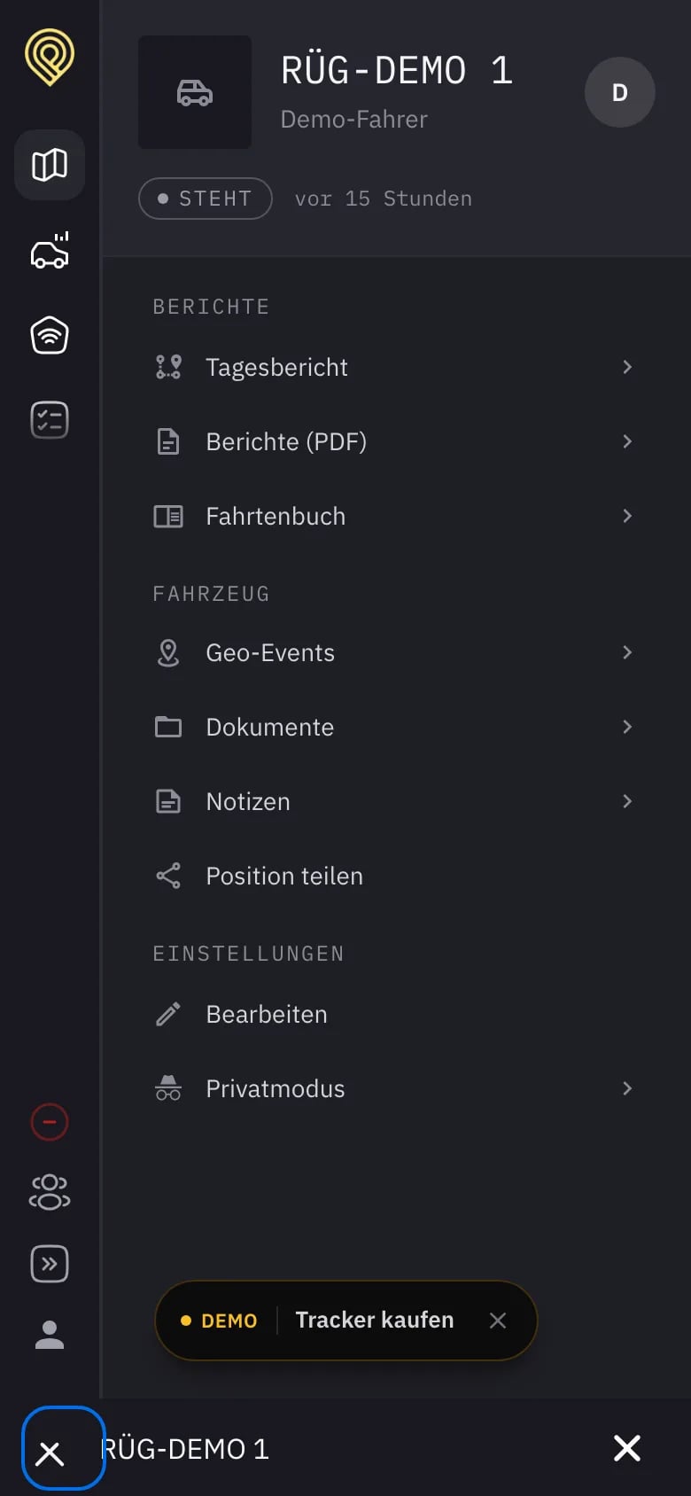 Fahrzeugmenü von RÜG-DEMO 1 mit Tagesbericht, Fahrtenbuch, Geo-Events und Privatmodus